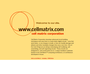 cellmatrix.com: Welcome to cellmatrix.com
Cell Matrix Corporation designs massively parallel, 
   fault tolerant, self configurable circuits using patented technology, enabling the next
   generation of computers to act more like our brains.