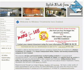 window-treatments.co.nz: Window Treatments Stylish Blinds Shutters Awnings New Zealand
New Zealands largest independent blind, shutter and awning manufacturer. Employing 130 people nationwide over 25 locations the company manufactures over 90% of components in it's Christchurch factory.