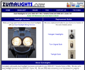 zuma125.com: ZUMALIGHTS.COM - Yamaha Zuma Dual Headlight Harness Kit. Performance 
lighting for your scooter (BW's)
Make your bug-eyed Yamaha Zuma or BW's scooter have dual headlights 
with our Dual Headlight Wiring Harness!