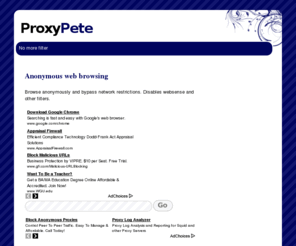 proxypete.net: ProxyPete.net - Bypass websense and other filters
Proxy owned and operated by 1337 LTD