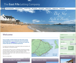 eastfifeletting.co.uk: The East Fife Letting Company - Self catering holiday accommodation in Fife,
        Scotland - The home of Golf
St Andrews area self catering holiday accommodation suitable for Golf in Fife, Scotland the home of golf,luxury holiday cottages for letting around St Andrews, Crail, Pittenweem, Anstruther, Elie, St.Monans and Lower Largo. Large & huge house to rent for hen party/parties