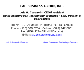 lacbusinessgroup.com: LAC Business Group, Inc.
Consultant for Solar Evaporation Technology of Brines - Salt, Potash & Byproducts