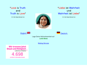 nirmala.info: Sahaja Yoga
Hilfestellung zur Selbstfindung, Erweckung der eigenen Kraft, Ruach, Kundalini, Tao, Sahaja Yoga ist eine einzigartige Methode der Meditation die von Shri Mataji Nirmala Devi 1970 vorgestellt wurde, wodurch die Selbstverwirklichung ohne Anstrengung erreicht wird. Es ffnet den Weg zu einer neuen Dimension des Bewusstseins, dessen greifbare Ergebnisse von vielen Yogis in der ganzen Welt erreicht werden.