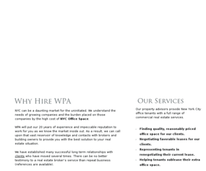 whartonproperties.net: NYC Office Space | Broker Commercial Real Estate Lease New York City Sublet
NYC Office Space specialists; Wharton Property Advisors, Inc. counsels NYC office tenants on various real estate needs i.e., leases and sublets. A full range of commercial real estate leasing services for NYC Office Space are provided. Contact WPA and let them devise a creative solution to your complex real estate lease and sublet requirements.