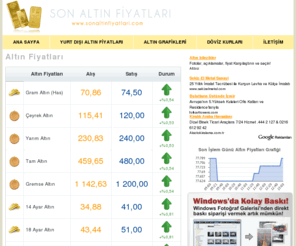 sonaltinfiyatlari.com: Altın Fiyatları, Altın Grafikleri, Gümüş Fiyatları, Altın Fiyatları Grafikleri ve Döviz Kurları
Altın fiyatlarını sitemizden öğrenebilirsiniz. Son altın fiyatları, gümüş fiyatları, altın grafikleri ve döviz kurlarını öğrenmek için buraya tıklayın. Anlık altın fiyatları için tek adres.