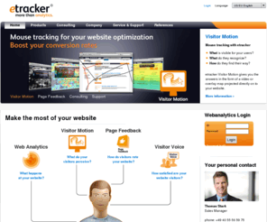 webcontrolling.biz: etracker Home - forget log-file analysis, this is real-time Web Analytics and online market research
Web controlling with etracker - real-time web analytics instead of log file analysis and visitor counters. Web statistics, campaign analyses, live visitor tracking and online market research. More information for your online success here!