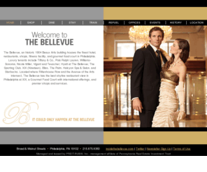 bellevuephiladelphia.com: The Bellevue: Tiffany, Polo Ralph Lauren, Williams-Sonoma, Park-Hyatt, Nicole Miller, Origins, XIX, Bliss, The Palm, Teuscher
1904 Landmark with Park-Hyatt Hotel, restaurants XIX, Nineteen, The Palm, Bliss, Gourmet Food Court, Tiffany & Co., Polo Ralph Lauren, Nicole Miller, Williams-Sonoma, Teuscher Chocolates, Origins, fitness facility, The Sporting Club, and premier office space at the corner of the Avenue of the Arts and Rittenhouse Row. 