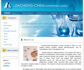 jcclchem.com: JIACHENG-CHEM ENTERPRISES LIMITED | UV ABSORBANT,VAT DYES,BAKELITE， PHENOLIC MOULDING COMPOUND
UV ABSORBANT,VAT DYES,BAKELITE, PHENOLIC MOULDING COMPOUND