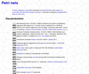 petrinets.info: Petri Nets
A formal, graphical, executable technique for the specification and analysis of concurrent, discrete-event dynamic systems; a technique undergoing standardisation.