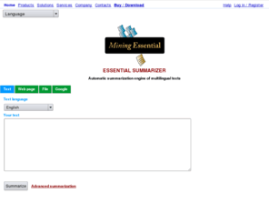 essential-mining.net: Acheter Essential Summarizer by Mining Essential
Online Application of Automatic Text Summarization in 20 Languages with Automatic Translation