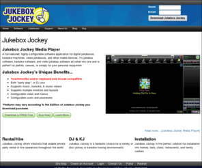 jukeboxjockey.com: Jukebox Jockey - Jukebox Software, Karaoke Software, Digital Jukebox, Karaoke Machine
Jukebox Jockey Media Player is Jukebox Software, Karaoke Software, and Video Jukebox Software for Digital Jukeboxes, Karaoke Machines, and Media Center PCs.