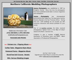 californiaphotographers.com: California Wedding Photographers
Professional Affordable wedding photographers serving Northern California and the San Francisco Bay Area.  Best Of Weddings, The Knot Magazine.  Preferred vendor throughout Sonoma, Marin and Napa Valley, Sacramento, Solano, California. Helpful wedding photography tips and planner.  New budget saver packages and lower prices.  Ultimate Wedding Photographer List - Find the best photographer for your event.