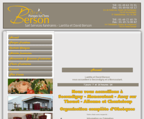 pompes-funebres-berson.com: Services Funéraires David Berson - Secondigny - Articles funéraires,monuments funéraires,fleurs funéraires,contrats obsèques - Deux-Sèvres (79)
Services Funéraires David Berson situé dans la ville de Secondigny et spécialisé en articles funéraires, monuments funéraires, fleurs funéraires, et contrats obsèques dans le département des Deux-Sèvres (79)