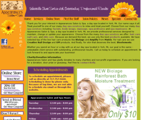 appearancessalonandspa.net: Day Spa York PA Pennsylvania - Appearances Salon and Spa
Day Spa York PA Pennsylvania. Appearances Salon and Spa, a day spa located in York, PA, offers hair care, nail care, skin care, massages, body wraps, and waxing services. We carry Matrix, Creative Nail, OPI, Bioelements and SUN products.