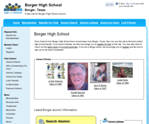 borgerhighschool.org: Borger High School
Borger High School is a high school website for Borger alumni. Borger High provides school news, reunion and graduation information, alumni listings and more for former students and faculty of Borger  in Borger, Texas