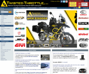 twisting-throttle.info: TwistedThrottle.com
Twisted Throttle LLC. - Sport and Adventure Touring Equipment - North American importer and distributor for SW-Motech, MRA Windscreens, Bags-Connection Electric Tankbags, Barkbusters Hand Guards, Kaoko Throttle Locks, Denali LED headlights, Micatech luggage, Techmounts, dealer for GIVI USA, Gerbing Heated Clothing, and more! We offer the best selection of motorcycle hard luggage, windscreens, centerstands, and crashbars for metric bikes on the Internet!