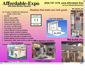 affordablehangups.com: Affordable_1
 Trade show displays, art displays, photo displays, poster displays, modular exhibits, Pipe & drape booths, rental trade show equiptment, museum exhibits, hotel trade show equiptment, education exhibits, Trade show contractor, display cubes, Trade show exhibit storage, Political events equiptment, trade show lighting, modular offices, plastic corner forms, slip on panel holders, slotwall displays, easels, information kiosks,