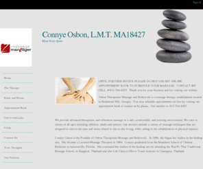 connyeosbonlmt.com: Connye Osbon, L.M.T.  MA18427 - Richmond Hill Mind Body Spirit
Connye Osbon, L.M.T.  MA18427, Richmond Hill massage clinic. Book your next massage appointment online with Connye Osbon, L.M.T.  MA18427.
