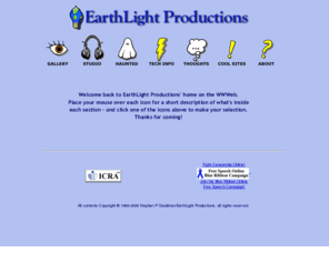 earthlight.net: Welcome to EarthLight Productions!
The Home Page on Earth for EarthLight Productions, an umbrella process for creative and technical efforts in a broad array of fields.