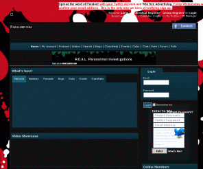 paralore.com: Paralore.com::A Paranormal Social network
The webs best Paranormal Social Website! Watch videos, and listen to the best paranormal Podcasts and meet people who don't think your weird! Membership is free! 