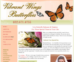 vibrantwings.com: Live butterflies for your event - butterfly weddings, butterfly funerals/memorials, butterfly anniversaries, butterfly births/birthdays, butterfly graduations, butterfly corporate events, butterfly fundraisers, butterfly quinceaneras, butterfly bar/bat mitzfahs, butterfly grand openings, butterfly uplifting gift, butterfly wedding favors, butterfly raising kits, Houston Humble Woodlands Kingwood Texas
Live butterflies for your event - butterfly weddings, butterfly funerals/memorials, butterfly anniversaries, butterfly births/birthdays, butterfly graduations, butterfly corporate events, butterfly fundraisers, butterfly quinceaneras, butterfly bar/bat mitzfahs, butterfly grand openings, butterfly uplifting gift, butterfly wedding favors, butterfly raising kits, Houston Humble Woodlands Kingwood Texas