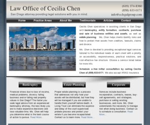 bachlawoffice.com: San Diego Attorney Cecilia Chen: Bankruptcy | Estate Planning | Real Estate | Corporate
The Law Office of Cecilia Chen provides expertise in bankruptcy, estate planning, corporate law, and real estate fields.