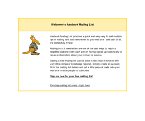aardvarkmailinglist.net: Aardvark Mailing List - Free mailing list service for your Web site
