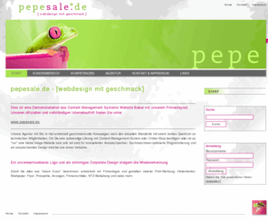 pepesale.net: pepesale.de - webdesign mit geschmack
pepesale.de - webdesign mit geschmack. Wir bieten professionelles Webdesign und kompetente Webprogrammierung, Erstellung von dynamischen Webseiten, Datenbanken und Suchmaschinen-Optimierung. Internationale Internetauftritte.