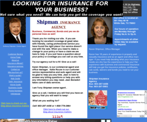 shipmaninsuranceagency.com: Shipman Insurance Agency, home, auto, business
Shipman Insurance Agency is: An Independent Agency offering wide range of business and personal lines of insurance. Commercial property, Truckers, General Liability, Garage, Bonds, Workers Comp. Oil Field, auto insurance, Health, home insurance, and life.