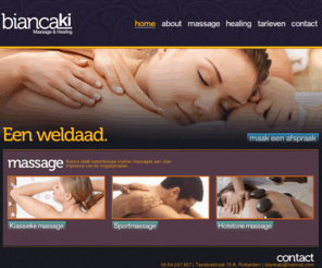 massagerotterdam.com: Bianca Ki - Massage & Healing
Bianca Ki - Massage salon in Zuidplein Rotterdam. Ervaren masseuse Bianca geeft diverse soorten massages. Klassieke massage, Sportmassage, Hotstone massage, Esalenmassage, Lomi Lomi...