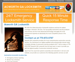 acworthgalocksmith.com: Acworth GA Locksmith | Locksmith in Acworth | Acworth Locksmiths - 770-872-0797
Acworth GA Locksmith offers a full range of locksmith and security services in Acworth, GA area. Call us at 770-872-0797. With a quick 15 minute response time and 24/7 emergency locksmith service, we guarantee you will be back at your feet in no time.