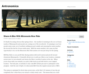 antronomics.com: Antronomics: Generalized Success in a Specialized World
A personal blog about media, humor, business development and entrepreneurship.  I detail every step of how I start a million dollar business, so you can follow every bit of the way.