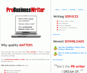 jhmattern.com: Professional Business Writer, Web Content Writer, and Blogger - Jennifer Mattern
Pro Business Writer offers professional business writing services to business owners. Jennifer Mattern is a press release writer, copywriter, Web content writer, and professional blogger, assisting clients with many of their business writing needs.