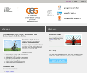 concordevaluation.org: Concord Evaluation Group - Program Evaluation, Usability, Accessibility
CEG provides research consulting in program evaluation, usability, and accessibility. CEG is a woman-owned, small business that conducts research in the US and abroad.