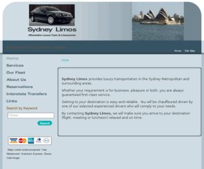 etl.com.au: Sydney transport and transport in sydney.
Here at sydneyprestigetransport.com.au we have a great selection of Sydney luxury transport and Sydney taxis that you've been looking for. You can choose from any of our Sydney transport options for the one that fits your needs and as always you can expect to find the best prices on transport in Sydney right here. We invite you to browse through our pages of Sydney limousines and other Sydney transportation and find exactly the one you’ve been looking for.