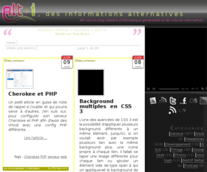 alt-i.fr: Alt-I, des informations alternatives - développeur emploi offre web CSI mème quote YEEEEAAA developpement erreur git Experts Flickr Fotolia Javascript UI web webapp Wikimedia Wikio YUI developpement geek quote wiki IRC Javascript YUI Dédibox dédié Free partage piratage seedbox serveur CSS css3 developpement Javascript js Yahoo YUI
Alt-I est un blog traitant d'informatique généraliste, de cultures alternatives et de développement web : Wikio Experts recrute… un expert ! ... YEEEEEEEEEEEEEEEEEAAAAAAAAAAAAAAAAA ... Étrange erreur dans Git ... Sélecteur de média et crop ... Propriétaire == pourri ... Pwned chez Yahoo ... Freebox et Seedbox ... Une loupe en JS/CSS3 ... 