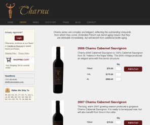 winecntrywebdesign.com: Online Wine Store | Charnu Winery St. Helena CA
Charnu Winery is a St. Helena, Napa Valley, California, producer of ultra-premium Cabernet Sauvignon.
