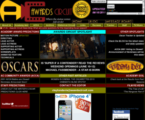 awardscircuit.com: The Awards Circuit: Academy Award Predictions, TV, Music, and more
Academy Award Predictions, Golden Globe Predictions, SAG Award Predictions, Emmy Award Predictions, American Idol, American Idol Predictions, Television Reviews, Music Reviews, Coverage of Art