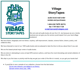 vstapes.com: AudioBooks On Cassette Tape From Village StoryTapes: Rent Or
Buy Books On Tape For Commuting & Travel
Books On Tape, Audio Books, Books On
Cassette. Village StoryTapes has the books you want recorded on tape.
Choose from our mail order catalog of audiobooks. Rent or buy your favorite
new books, mystery, drama or science fiction books. Books On Tape, Audio
Books, Books On Cassette. Village StoryTapes has the books you want
recorded on tape. Choose from our mail order catalog of audiobooks. Rent or
buy your favorite new books, mystery, drama or science fiction books. 