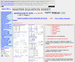 equationsheets.com: EQUATION SHEETS - Math, Engineering, Equations, Derivatives,
Integrals,Conversions.
This Equation Sheet provides Math & Engineering students an easy reference equation sheet with such subjects as calculus, physics, trigonometry, algebra, geometry, integrals, derivatives, equations, identities, and conversions.