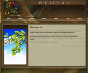 wellness4u.biz: Wellness 4 U
Wellness 4 U, featuring quantum biofeedback technology, has over 20 years experience helping clients by utilizing mind/body strategies and energy medicine techniques.