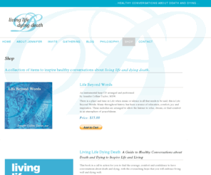 mourninggifts.com: Living Life Dying Death's shop on Thanatology, Personality and Personal Growth, Death Education, Death Remembrance, and Healing Grief.
Jennifer Collins shop of Thanatology, Thanatology Music, Mourning Jewelry, Remembrance Bracelets, Death Remembrance,and funeral jewelry.