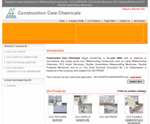 constructioncarechemicals.com: Construction Waterproofing Chemical,Concrete Waterproofing Chemical Manufacturer,Construction Chemical Supplier,Building Construction Waterproofing
Construction Care Chemicals - construction waterproofing chemical, concrete waterproofing chemical manufacturer, construction chemical supplier, building construction waterproofing chemical, concrete water proofing compounds, surface waterproofing chemical manufacturer, building roof waterproofing chemical, concrete waterproofing India, acrylic admixture, patching mortar and cementitious membrane from Bangalore.