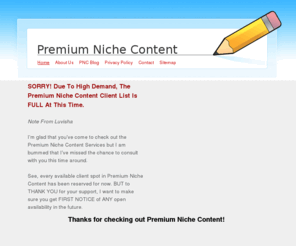 premiumnichecontent.com: Premium Niche Content - Home
SEO Article Writing Service - We can meet your needs at affordable rates and help you create quality content for Search Engine Optimization projects 