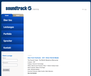 soundtrack.biz: Soundtrack Vienna - Tonstudio Wien
Tonstudio Wien und Musikproduktion Wien, spezialisiert auf Werbemusik und Jinglekomposition, Sprachaufnahmen und Sounddesign für Hörfunkspots, TV Spots und Multimedia. Dolby Surround und 5.1 Surround Sound in THX pm3 zertifiziertem Regieraum; wie auch internationale Synchronstimmen im APT World Net.