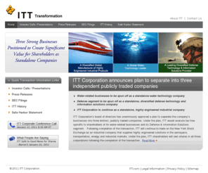 transformationitt.com: ITT Transformation
ITT Transformation. Three Strong Businesses Positioned to Create Significant Value for Shareholders as Standalone Companies.  Learn more about ITT Corporation’s transition.