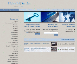 higheredsurplus.com: Public Surplus: Government Surplus Auctions
Public Surplus is the best government surplus auction system available.  Find great deals on heavy equipment, cars, buses and even airplanes.