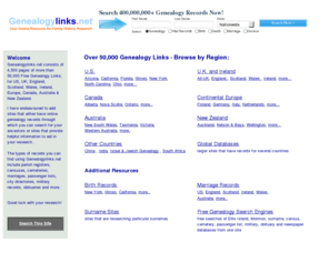 genealogylinks.net: Over 50,000 Genealogy Links; geneology for US, Canada, UK, Ireland, Australia, NZ
Over 50,000 genealogy links to ships passenger lists, cemetery transcriptions, censuses for United States,Canada,UK & Ireland, Europe, Australia..