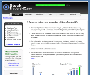 stocktradersedge.com: StockTradersHQ.com - Stock Picks, Candlesticks, Technical Analysis, Momentum and Swing Trading
stock market, investing, stocks, free trial, business, personal finance, technical analysis, five stars, professional trader, a must read, trading stocks, money, how to invest, stock picks, momentum trading, swing trading, candlestick charts, penny stocks, John Murphy, cash, Elliott wave. Stock market books, stock speculation, Wall Street, investment strategies, investment management, diversification, investment book, investor, investors, investing principles, entrepreneur, stock options, Stock market education, stock trading systems. Explosive gains,  real-time trading, email alerts, stock trading subscription service, stock trading resources, consistent gains,  profitable trading,  minimize losses, maximize gains, compounded gains,  Stock Trends, Support - Resistance, Relative Strength, Entries and Exits, Market Timing, Chart Patterns, Money Management, How To Read stock Charts, Scan For Stocks, Candlestick Patterns, Trade For A Living, Fibonacci, stock recommendations.