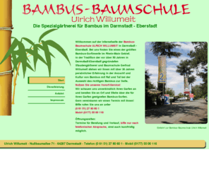 bambus-baumschule.de: Bambus-Spezialgärtnerei Ulrich Willumeit in Darmstadt - Eberstadt - Ihr Fachmann für Bambus im Rhein-Main Gebiet
Bambus-Baumschule Ulrich Willumeit in Darmstadt - Eberstadt, Ihre Spezialgärtnerei für Bambus im Rhein-Main Gebiet. Wir bieten eines der größten Bambus-Sortimente. Riesenauswahl und persönliche Betreuung. Wir kommen auch in Ihren Garten und beraten Sie vor Ort.